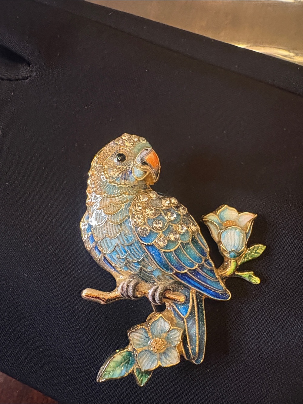 Blue Parrot Floral Enamel Brooch Pin - Elegant Avian Accent
